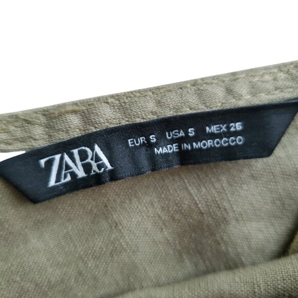 ZARA Rustic Pinafore Dress Overall Jumper Linen Blend Light Olive Green Size S - Picture 15 of 16